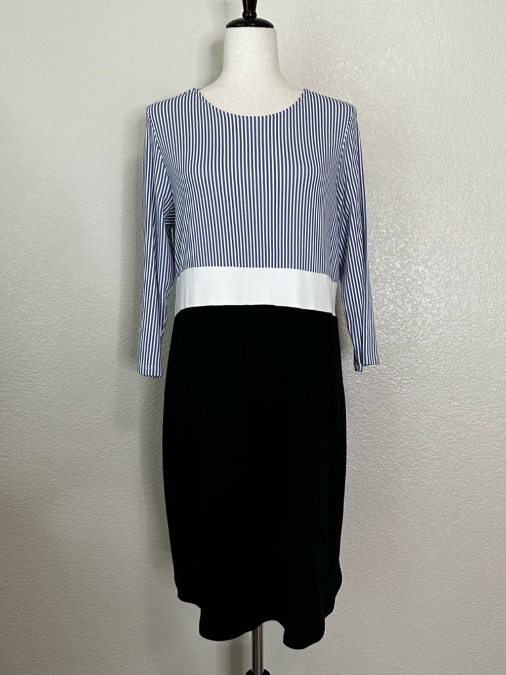 J. Jill Colorblock Navy Blue White Striped 3/4 Sleeves Dress, Sz Medium